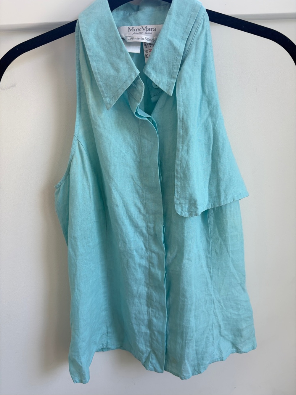MaxMara Turquoise Linen Sleeveless Button-Front Tank with Layer Shoulder Detail